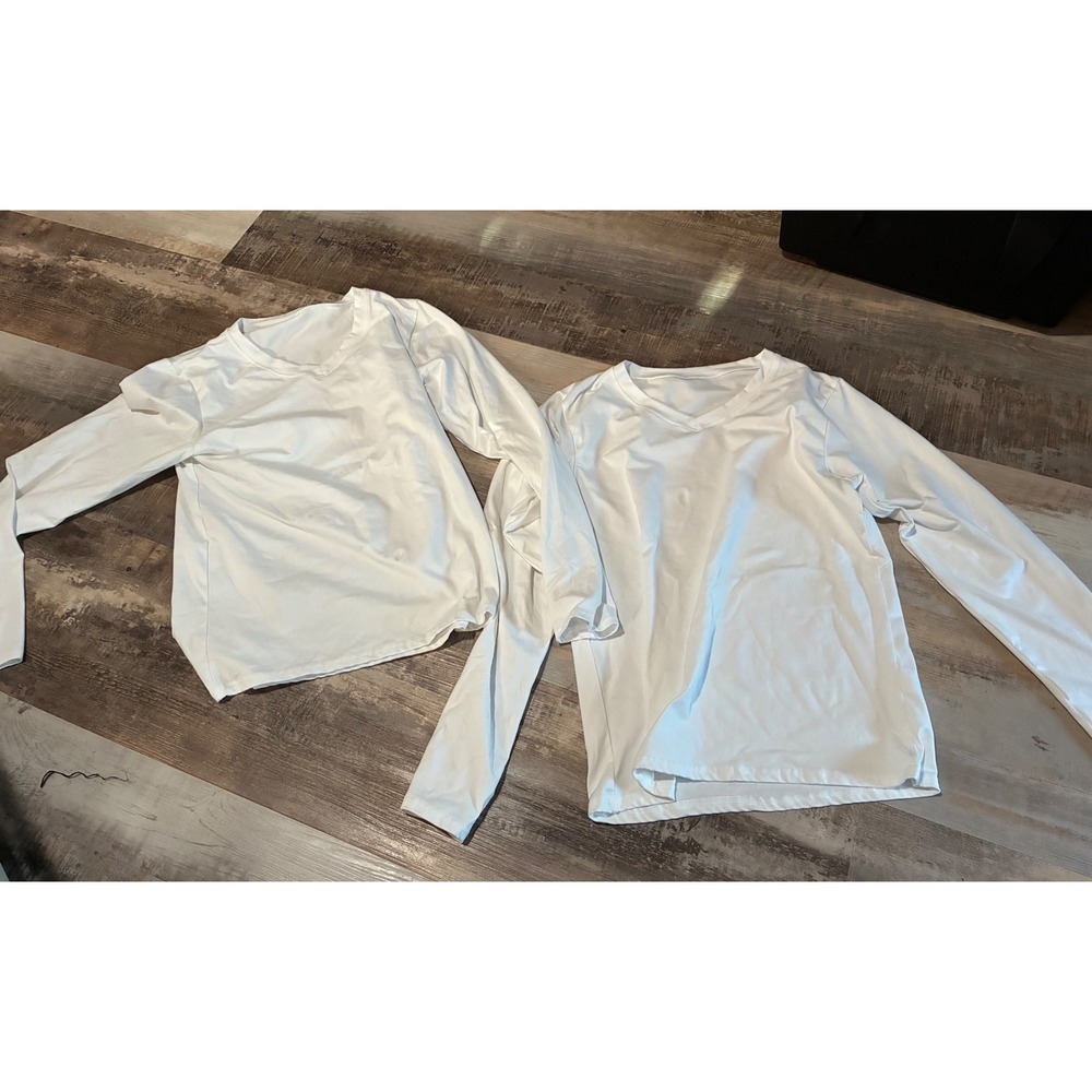Lot of 2 Womens White Long Sleeve V-Neck T-Shirts Size L Stretch Basic Tees